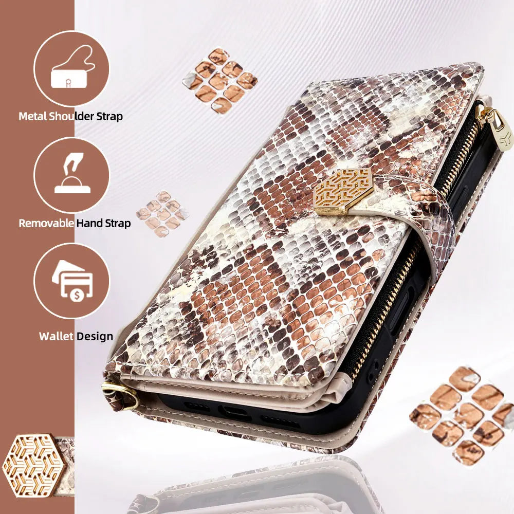Metal Shoulder Strap Wallet Case for iPhone 18 Pro Max 14 12 11 13 15 16 17 Pro Max Lady Leather Card Slots Pocket Lanyard Cover