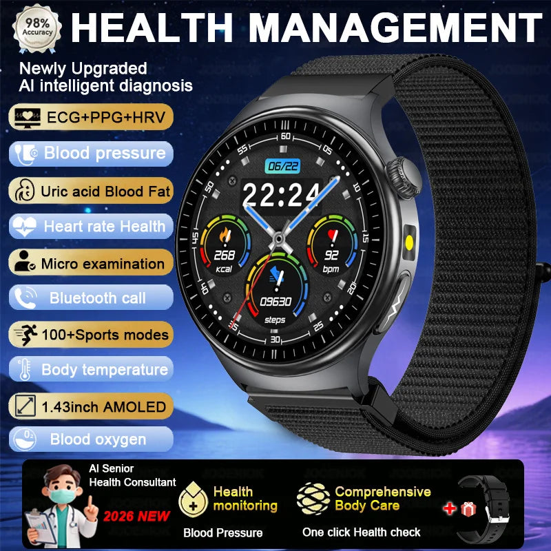 2026 Fashion New Expert level Health Smart Watch Men ECG+PPG Laser Monitor Uric Acid Blood Fat Blood Pressure HD Call Smartwatch