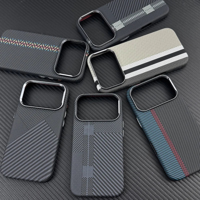 Carbon Fiber Texture Magnetic Armor Case For iphone 17 17Pro Max 16 Pro 15 14 13 Ultrathin Alloy Lens Wireless Charge Hard Cover
