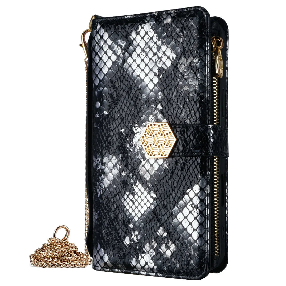 Metal Shoulder Strap Wallet Case for iPhone 18 Pro Max 14 12 11 13 15 16 17 Pro Max Lady Leather Card Slots Pocket Lanyard Cover