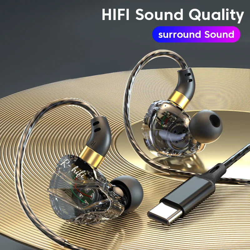 Type-C Wired Headphones In-Ear Sports Heavy Bass Gaming Earphones With Mic Volume Adjustment Call Line Control Cellphones Earbud