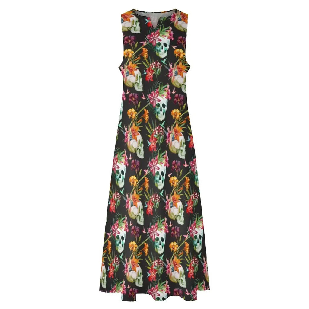 Hip Hop Style Skull Print Long Dress Women Spooky Scary Skulls Sexy V-neck Maxi Dress Women Big Size Sleeveless Robe Vestidos