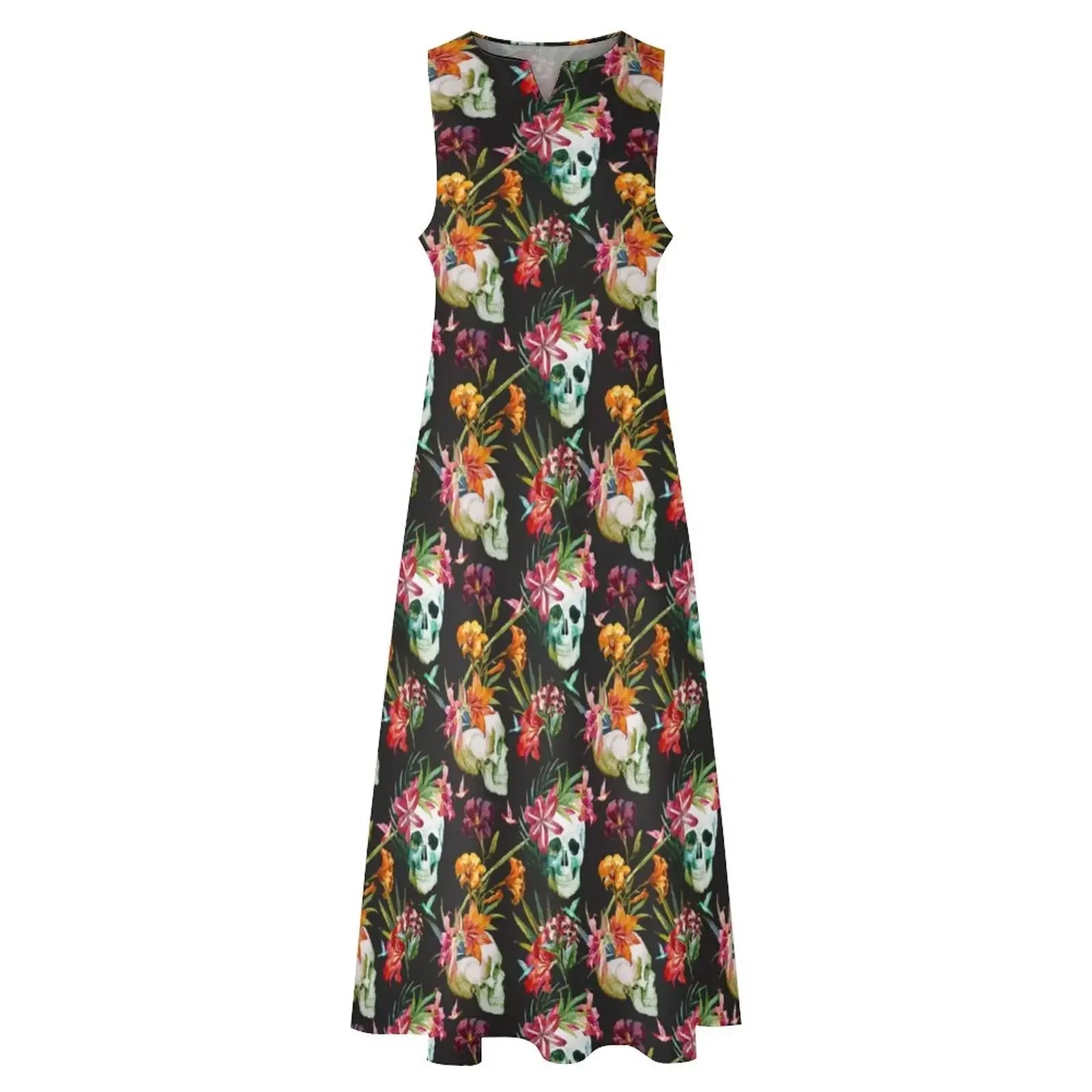 Hip Hop Style Skull Print Long Dress Women Spooky Scary Skulls Sexy V-neck Maxi Dress Women Big Size Sleeveless Robe Vestidos