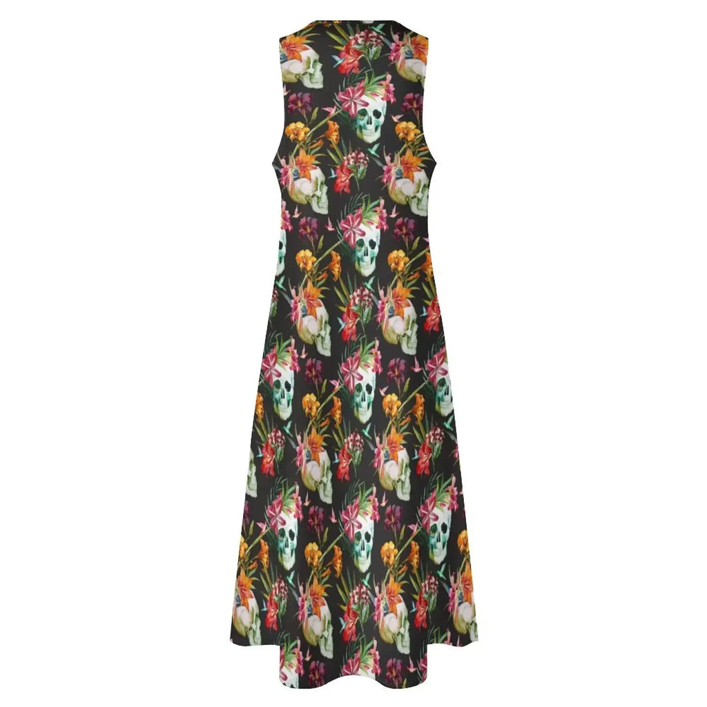 Hip Hop Style Skull Print Long Dress Women Spooky Scary Skulls Sexy V-neck Maxi Dress Women Big Size Sleeveless Robe Vestidos