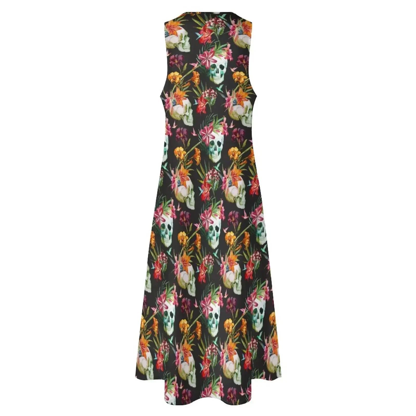 Hip Hop Style Skull Print Long Dress Women Spooky Scary Skulls Sexy V-neck Maxi Dress Women Big Size Sleeveless Robe Vestidos