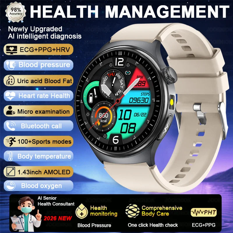2026 Fashion New Expert level Health Smart Watch Men ECG+PPG Laser Monitor Uric Acid Blood Fat Blood Pressure HD Call Smartwatch