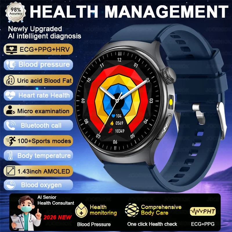 2026 Fashion New Expert level Health Smart Watch Men ECG+PPG Laser Monitor Uric Acid Blood Fat Blood Pressure HD Call Smartwatch