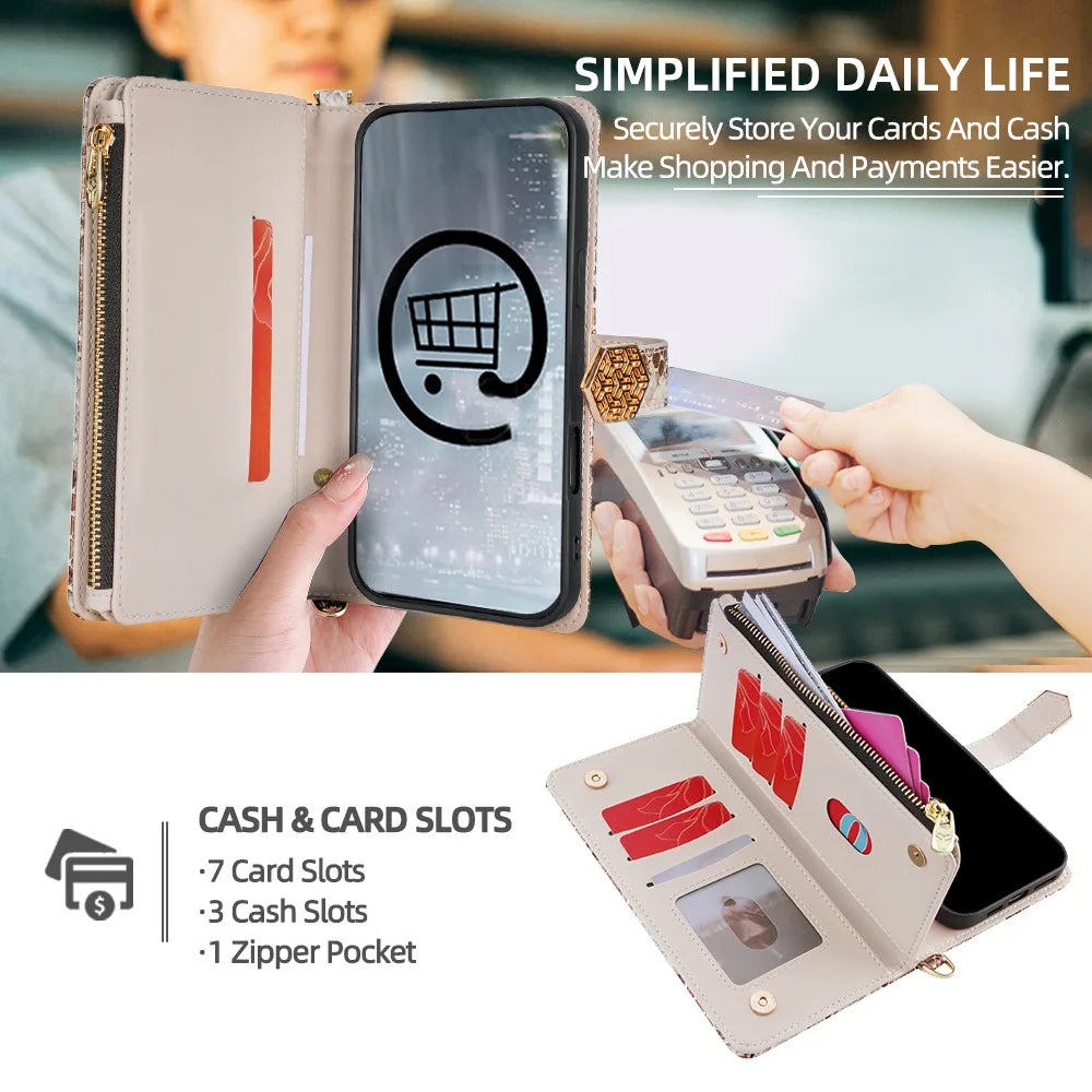 Metal Shoulder Strap Wallet Case for iPhone 18 Pro Max 14 12 11 13 15 16 17 Pro Max Lady Leather Card Slots Pocket Lanyard Cover