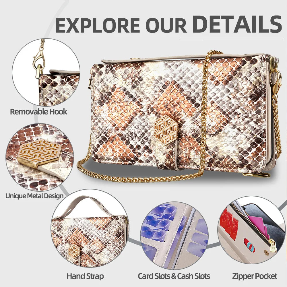 Metal Shoulder Strap Wallet Case for iPhone 18 Pro Max 14 12 11 13 15 16 17 Pro Max Lady Leather Card Slots Pocket Lanyard Cover