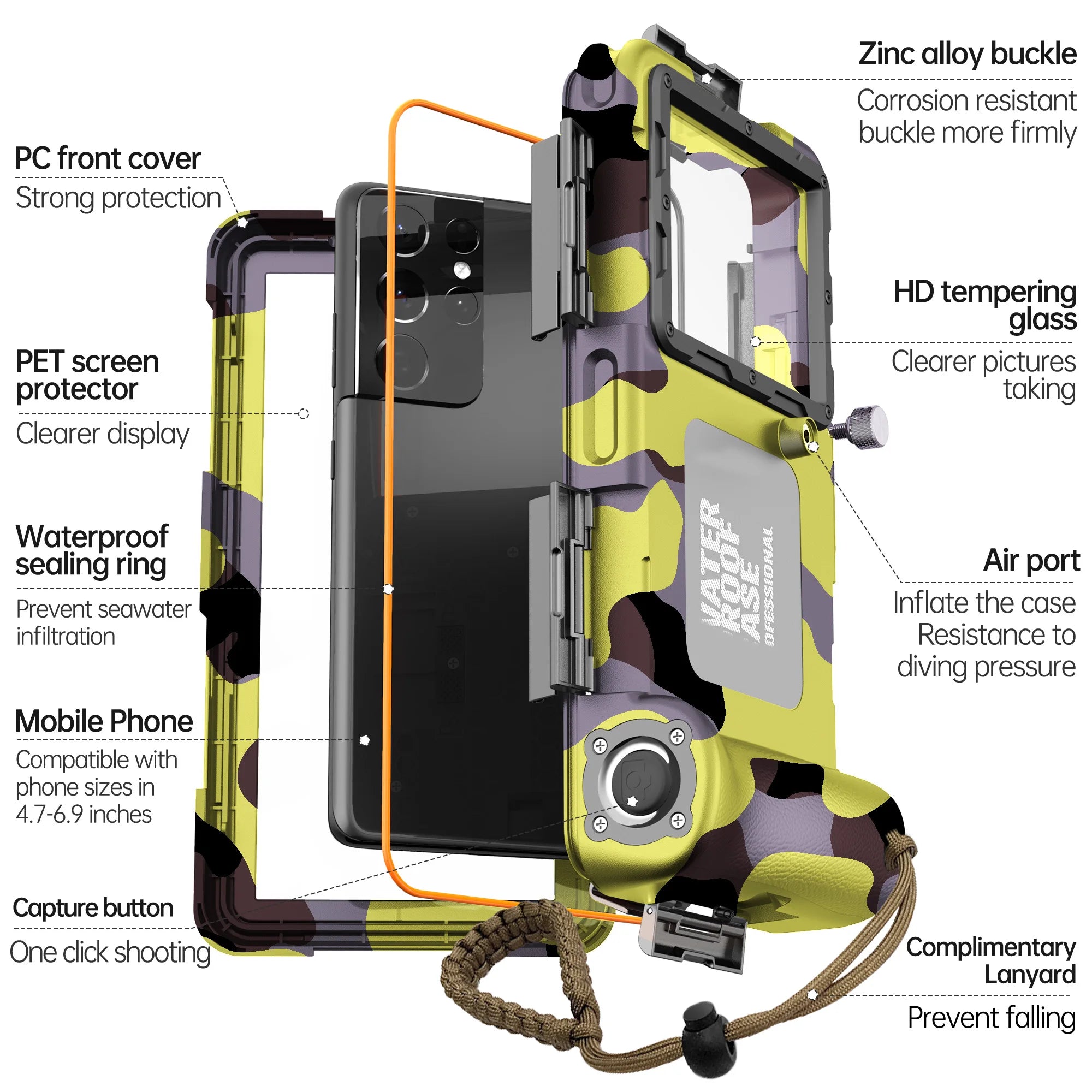 New camo pattern, waterproof up to 15 meters/50 feet, universal 6.9-inch IP68 waterproof phone case, for underwater photography