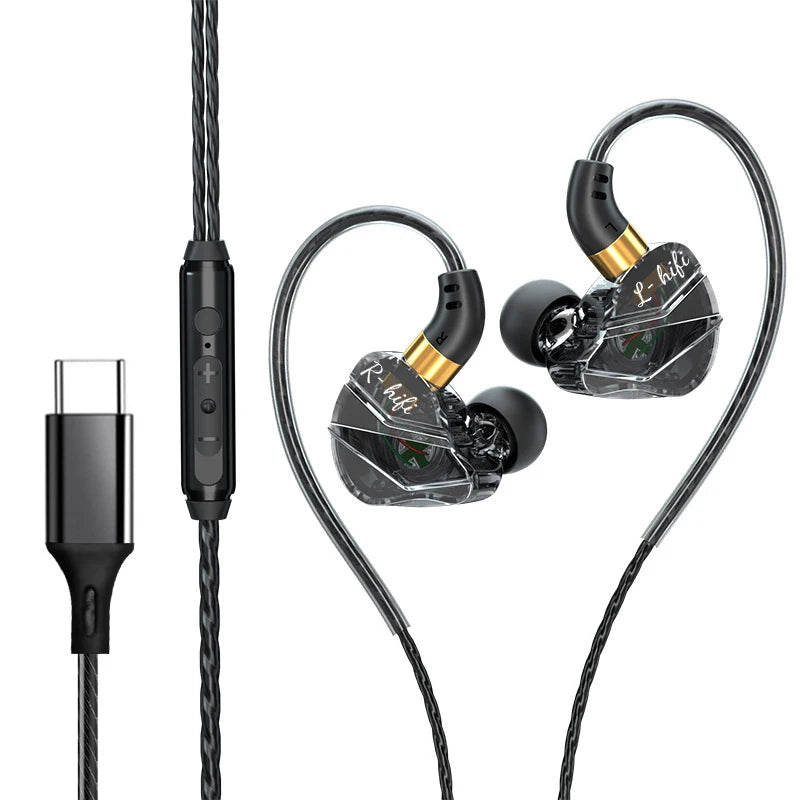 Type-C Wired Headphones In-Ear Sports Heavy Bass Gaming Earphones With Mic Volume Adjustment Call Line Control Cellphones Earbud