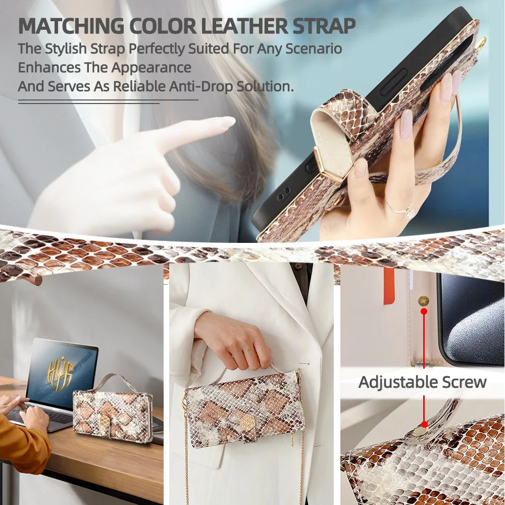 Metal Shoulder Strap Wallet Case for iPhone 18 Pro Max 14 12 11 13 15 16 17 Pro Max Lady Leather Card Slots Pocket Lanyard Cover