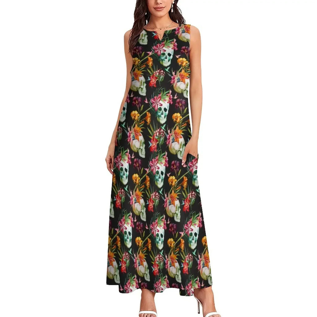 Hip Hop Style Skull Print Long Dress Women Spooky Scary Skulls Sexy V-neck Maxi Dress Women Big Size Sleeveless Robe Vestidos