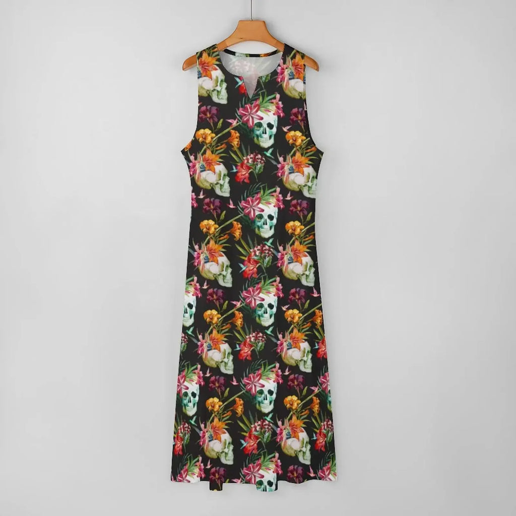 Hip Hop Style Skull Print Long Dress Women Spooky Scary Skulls Sexy V-neck Maxi Dress Women Big Size Sleeveless Robe Vestidos
