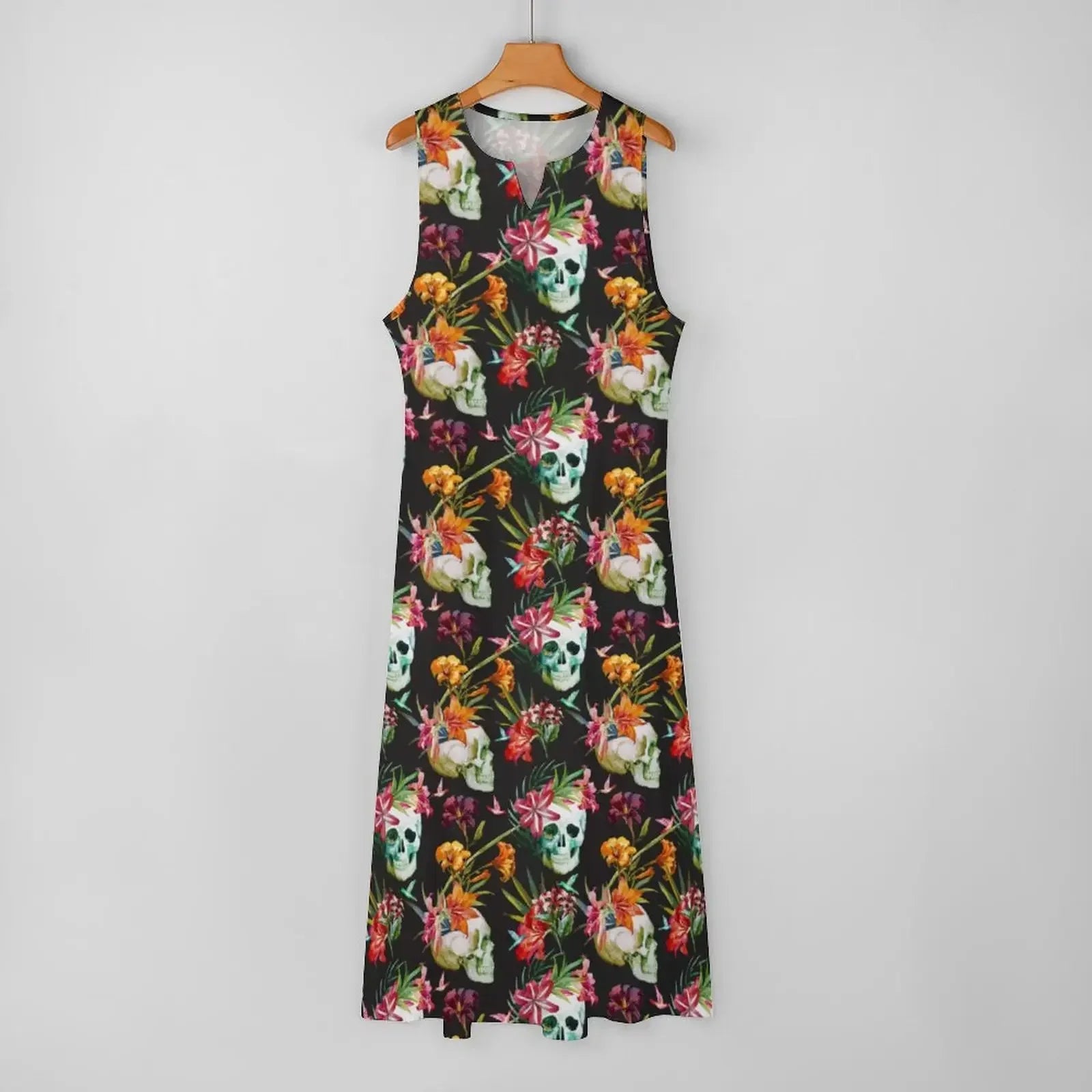 Hip Hop Style Skull Print Long Dress Women Spooky Scary Skulls Sexy V-neck Maxi Dress Women Big Size Sleeveless Robe Vestidos