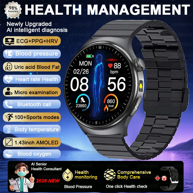 2026 Fashion New Expert level Health Smart Watch Men ECG+PPG Laser Monitor Uric Acid Blood Fat Blood Pressure HD Call Smartwatch