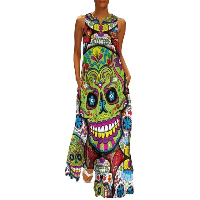 Hip Hop Style Skull Print Long Dress Women Spooky Scary Skulls Sexy V-neck Maxi Dress Women Big Size Sleeveless Robe Vestidos