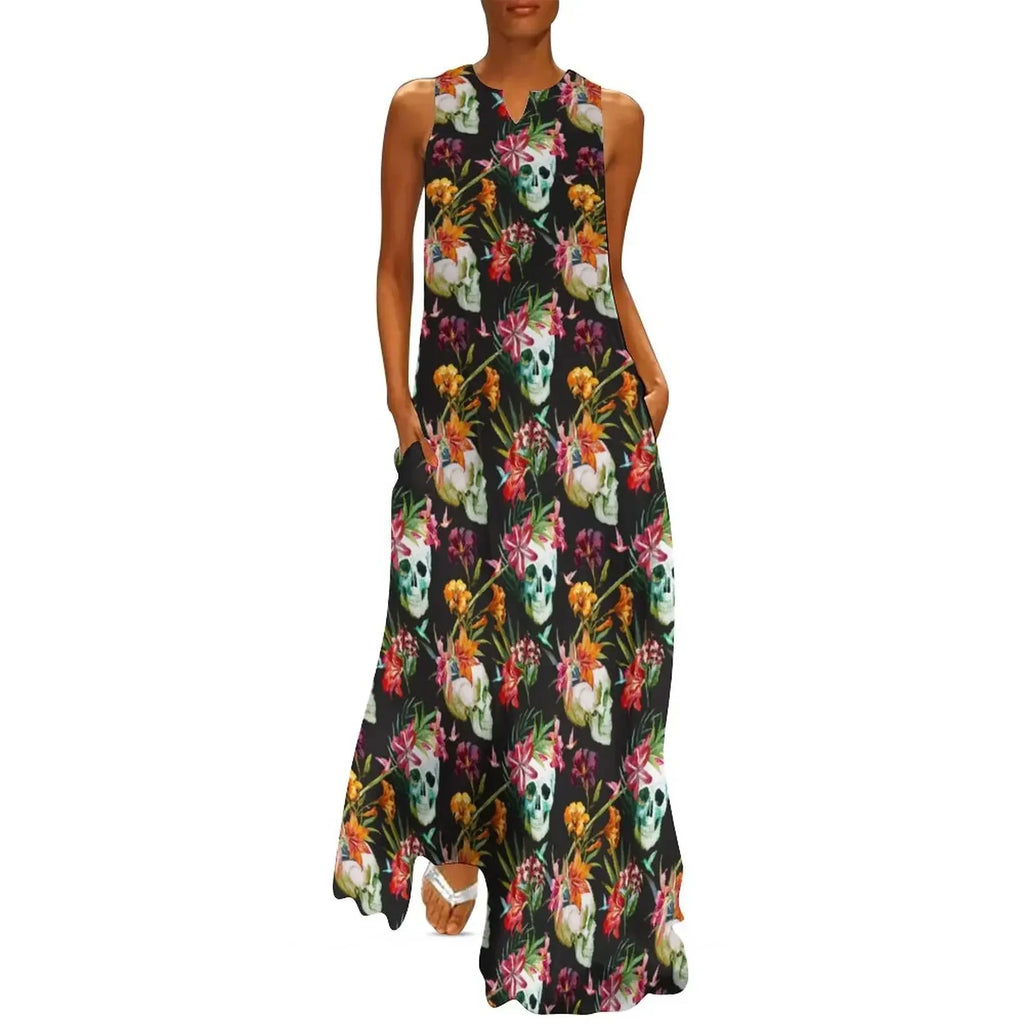 Hip Hop Style Skull Print Long Dress Women Spooky Scary Skulls Sexy V-neck Maxi Dress Women Big Size Sleeveless Robe Vestidos
