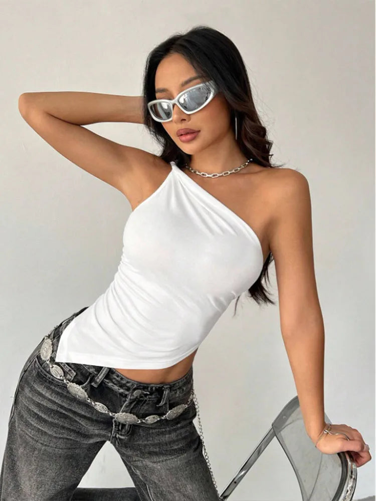 Solid color shoulder strap asymmetrical slim fit off shoulder one-piece collar 2025 new fashionable temperament women's T-shirt